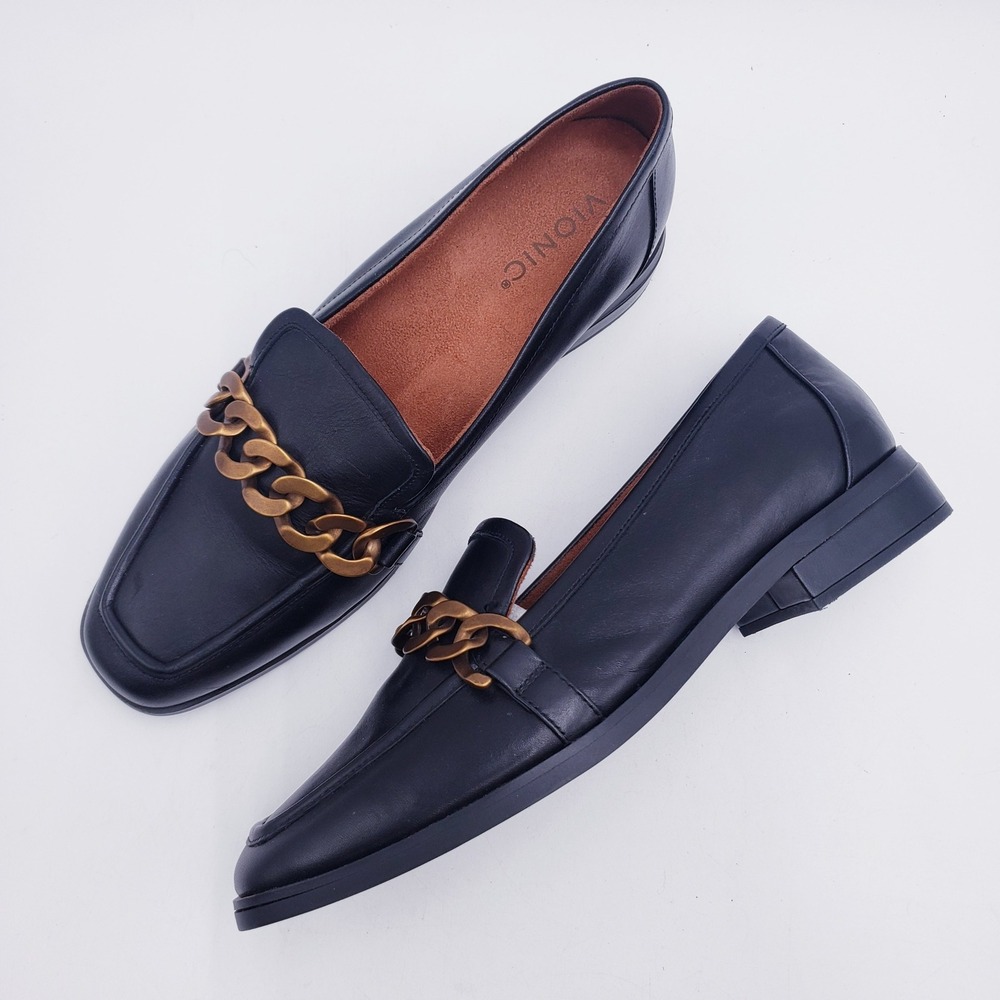 Vionic Mizelle Loafer Black Leather Gold Chain Link Square Toe Flat Size 10‎